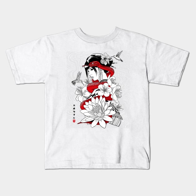 Snake and Colibri with Geisha Kids T-Shirt by albertocubatas